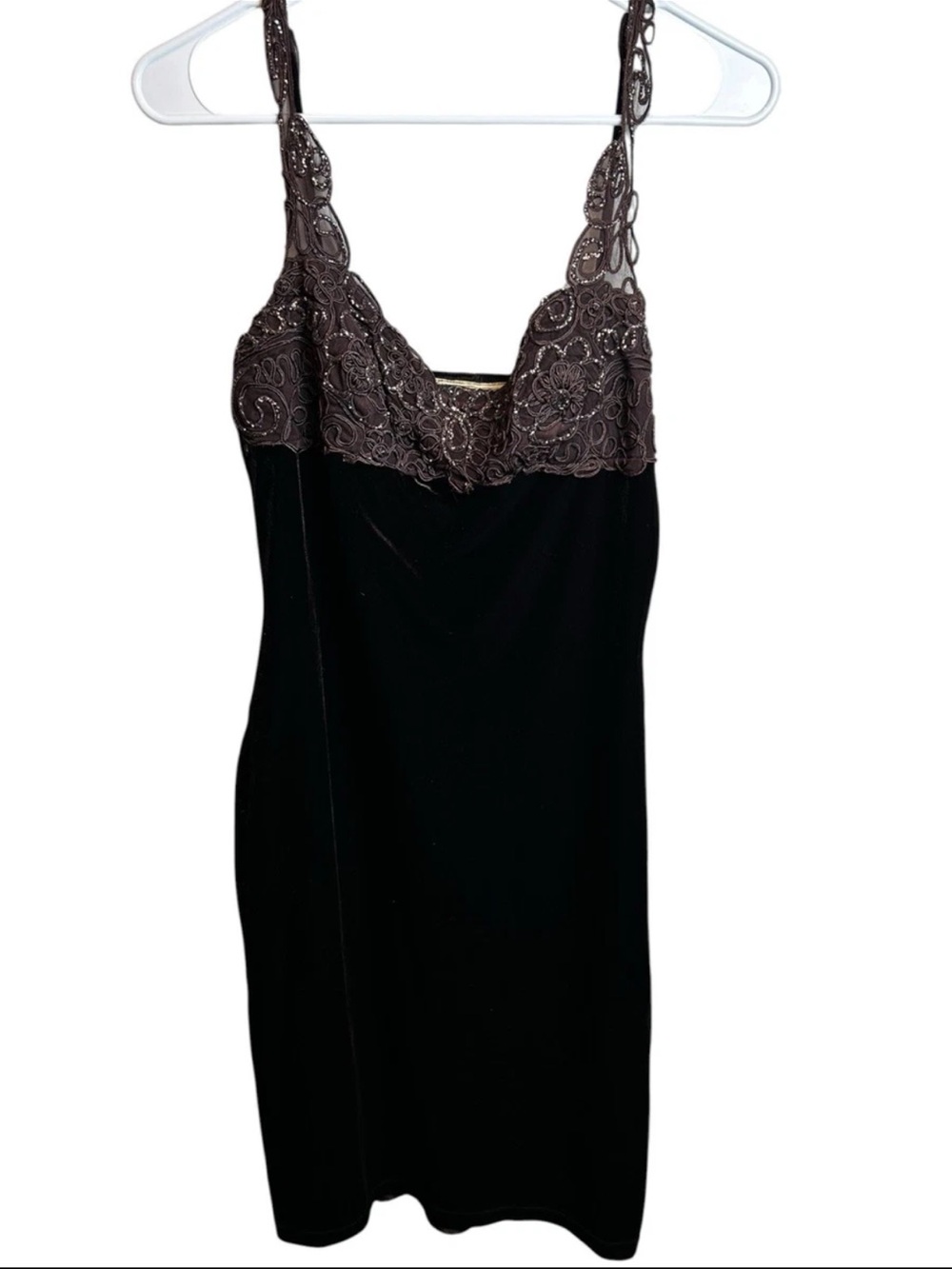 Vtg Y2K Chocolate Brown Velvet Beaded Lace Mini Dress 90s Whimsigoth Size Small